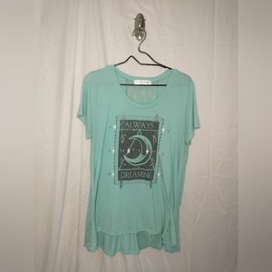Women's Short Sleeve Graphic Shirt Wound Up Size XL Teal with Lace Detail
